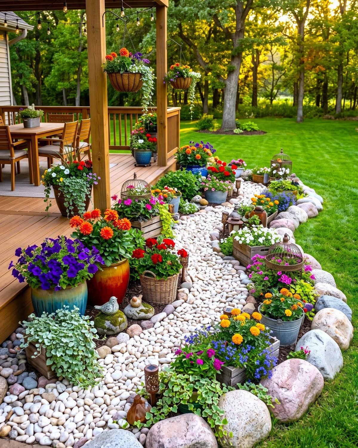 11 Around Deck Landscaping Ideas with Photos and Tips 2 White river stone path winding through colorful potted flowers and large rocks next to a wooden deck.