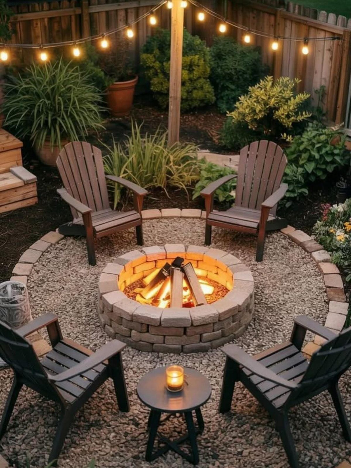 11 Around Deck Landscaping Ideas with Photos and Tips 8 Four wooden Adirondack chairs surround a stone fire pit with a glowing fire on gravel.