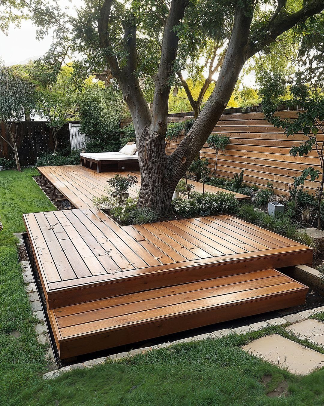 11 Around Deck Landscaping Ideas with Photos and Tips 3 Wooden multi-level deck built around a large tree with small green plants in garden beds.