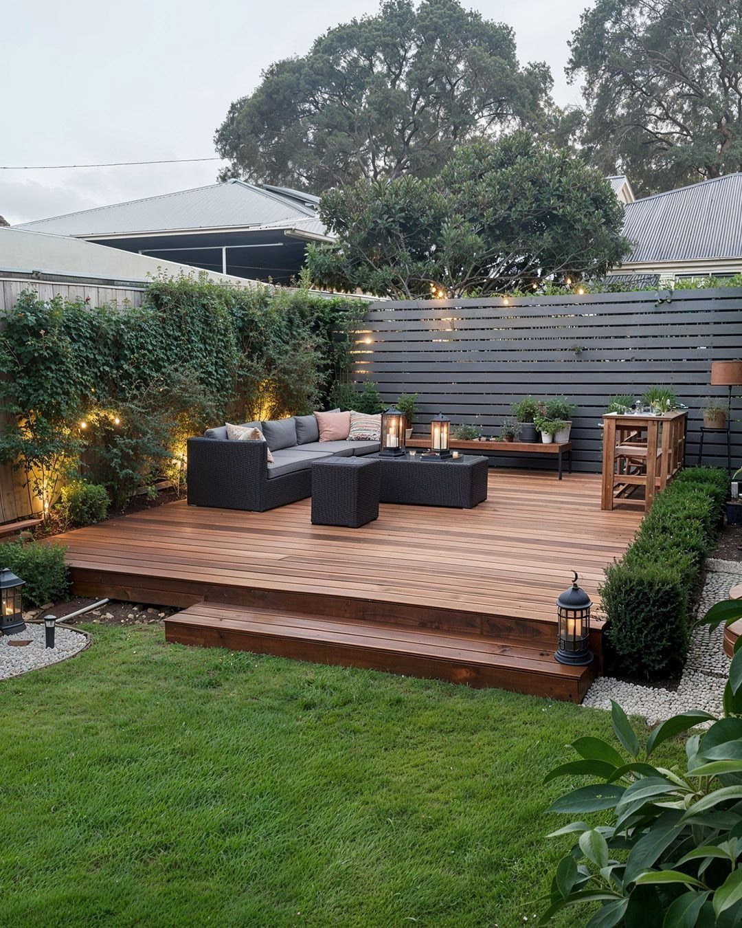 11 Around Deck Landscaping Ideas with Photos and Tips 9 Wooden deck with dark wicker furniture and small white decorative stone paths near the steps.
