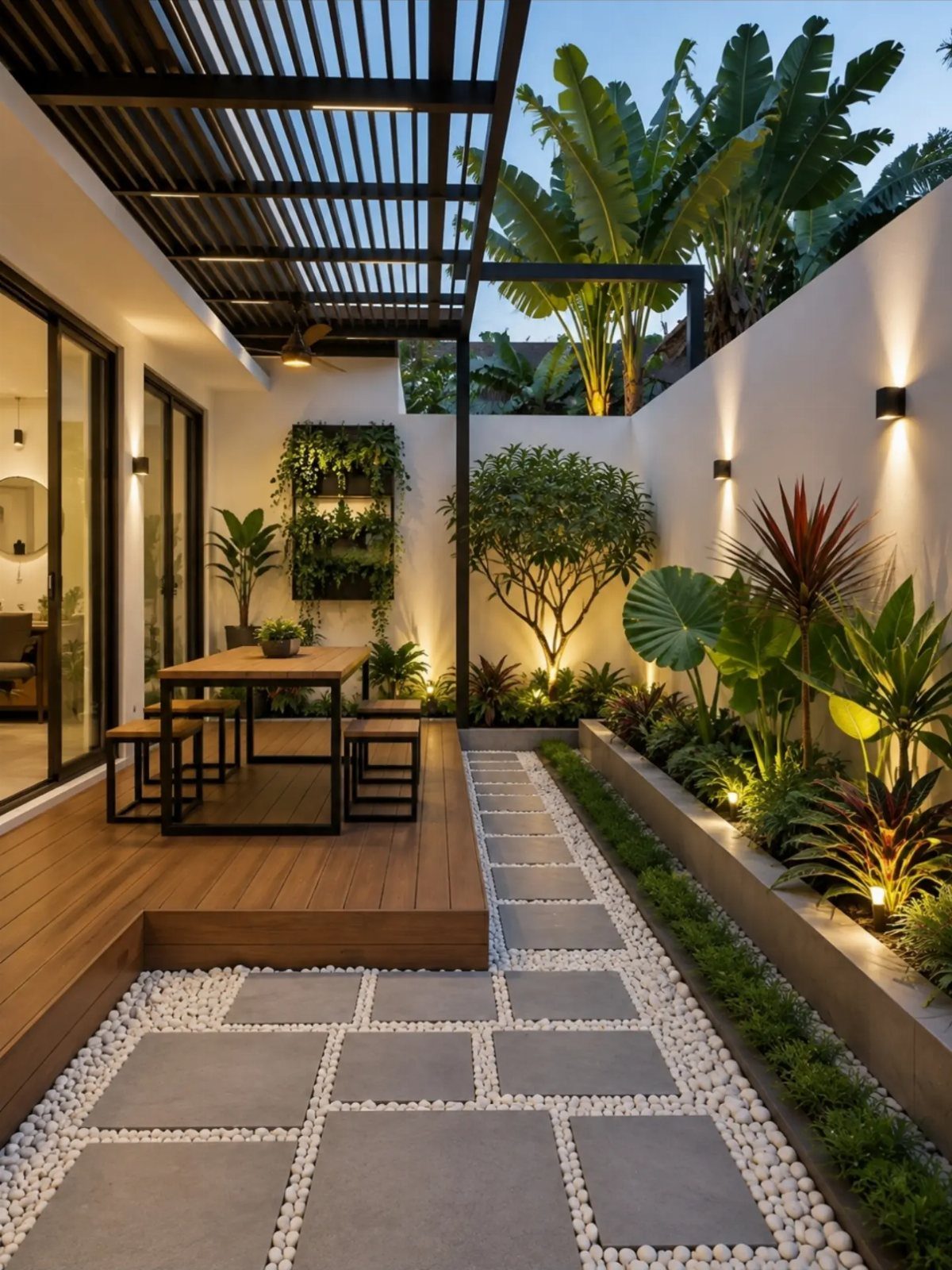 11 Around Deck Landscaping Ideas with Photos and Tips 5 A modern wooden deck with a black slatted pergola and tropical garden landscaping.