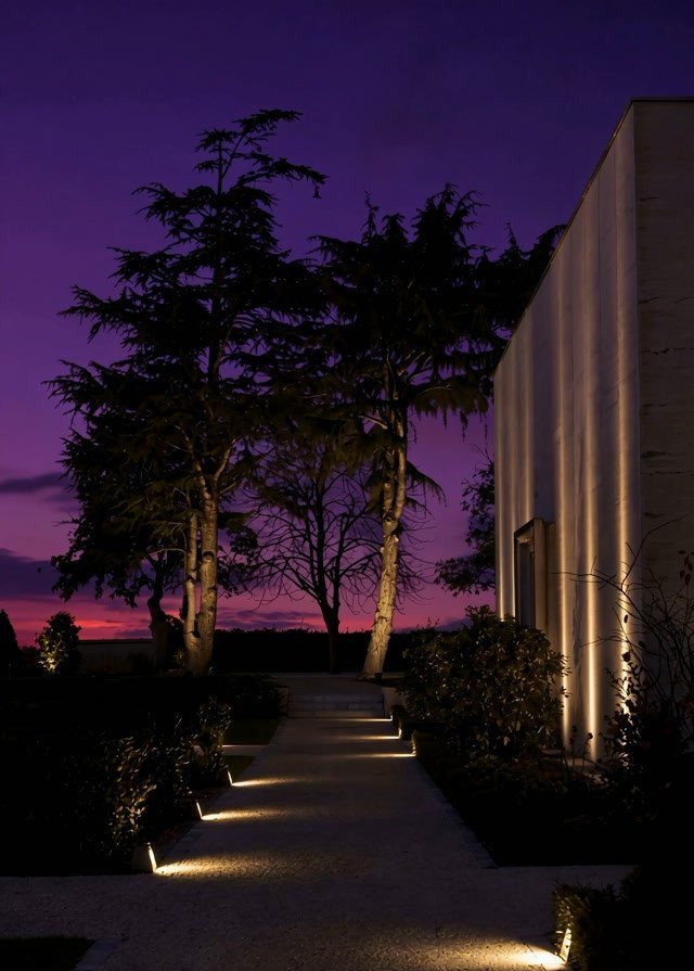 11 Around House Landscaping Ideas for Foundation to Fence 5 Small ground lights illuminate a walkway leading toward dark trees under a purple twilight sky.