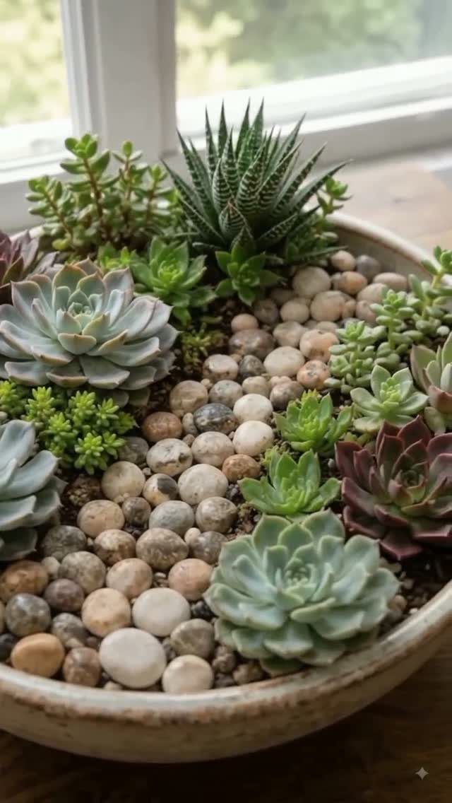 Various succulents and smooth river stones arranged in a shallow ceramic bowl near a window.