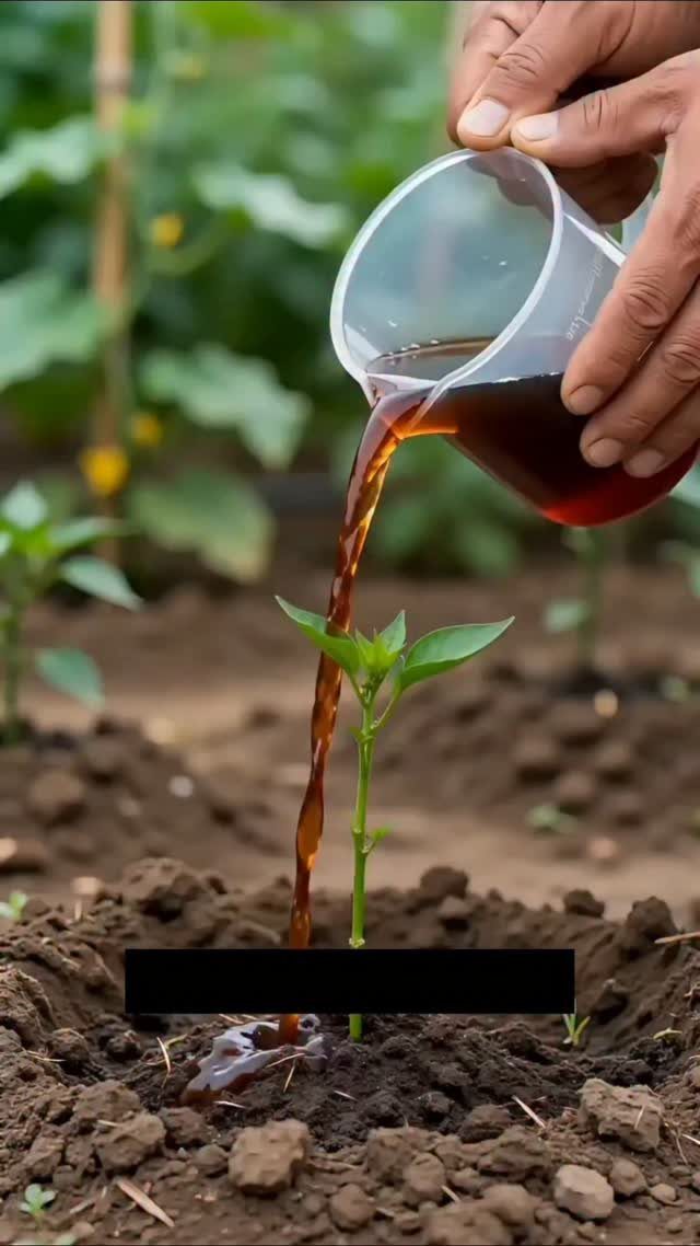 Hands pouring dark liquid from a clear cup onto a small green plant in soil.