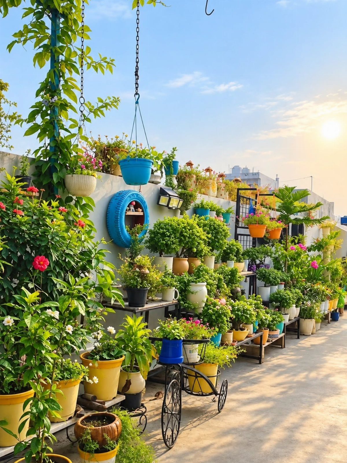 Various potted plants and colorful flowers arranged on a sunny rooftop garden terrace.