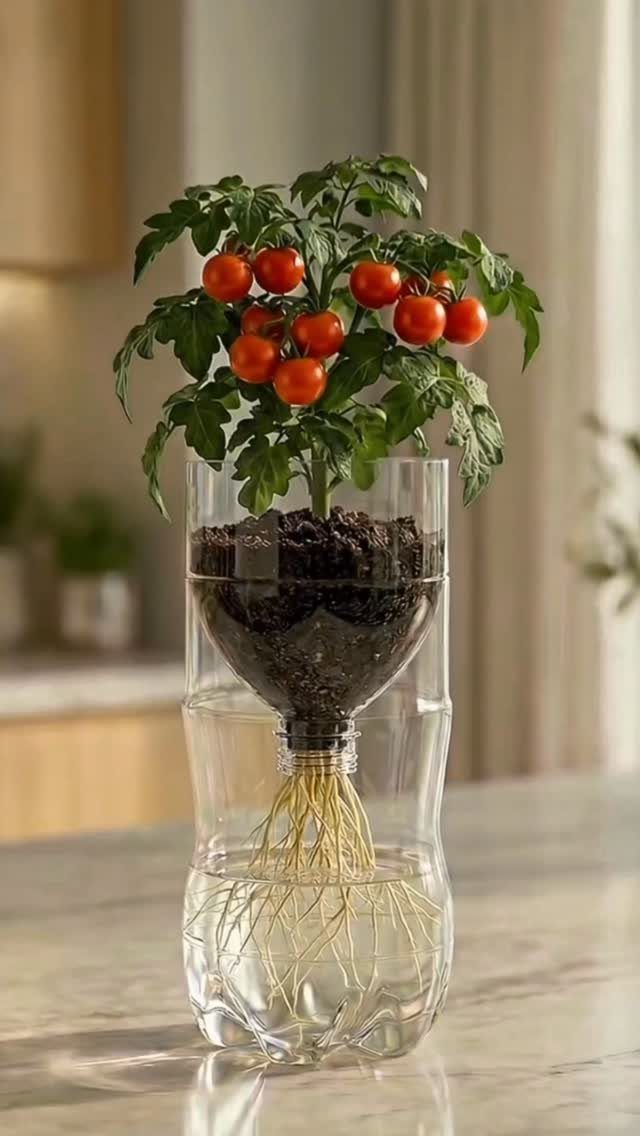 A cherry tomato plant with red fruit growing in a clear plastic bottle hydroponic system.