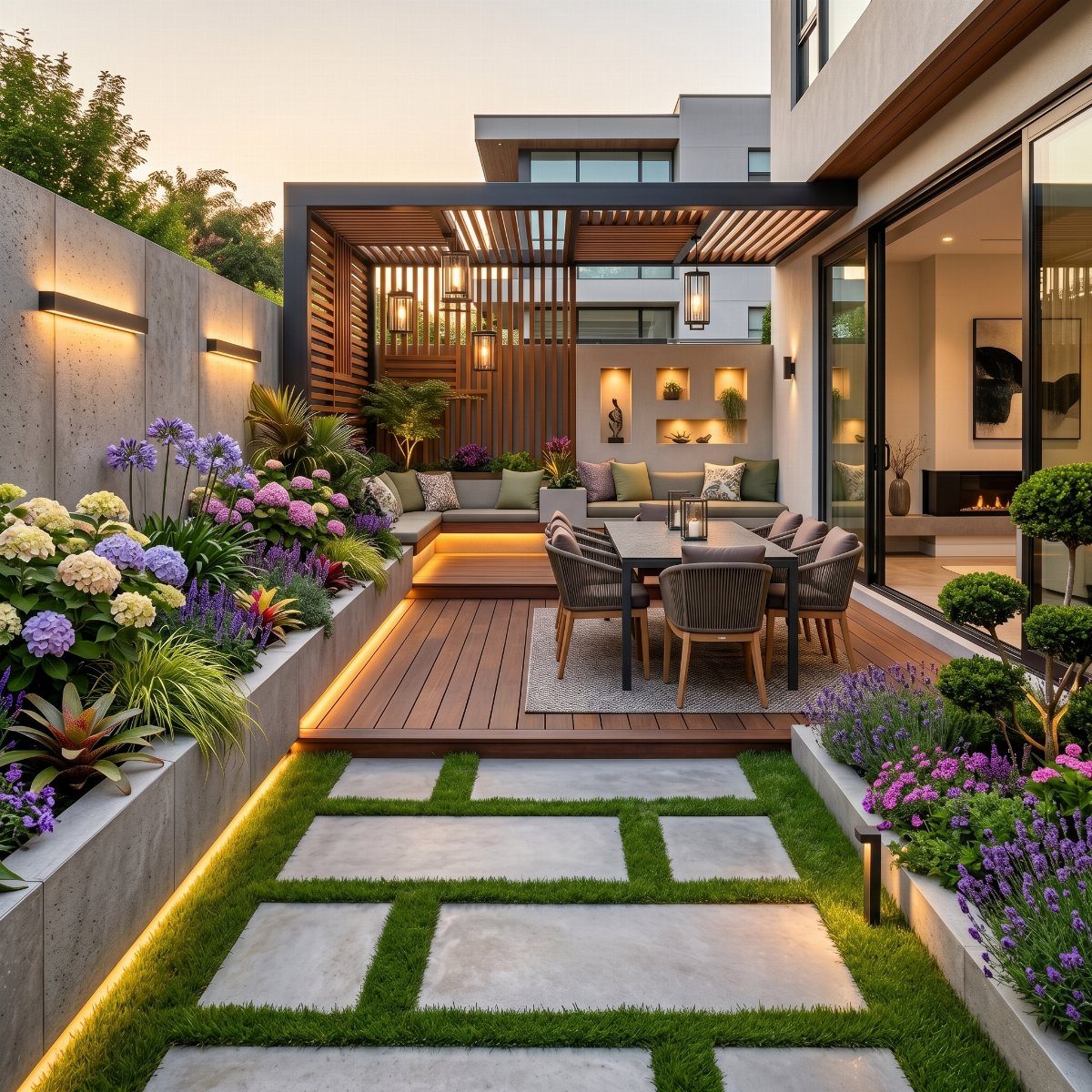 21 Backyard Deck Ideas For Any Size Space 2 Modern backyard patio with wooden decking, stone pavers, and lush flowering garden beds.
