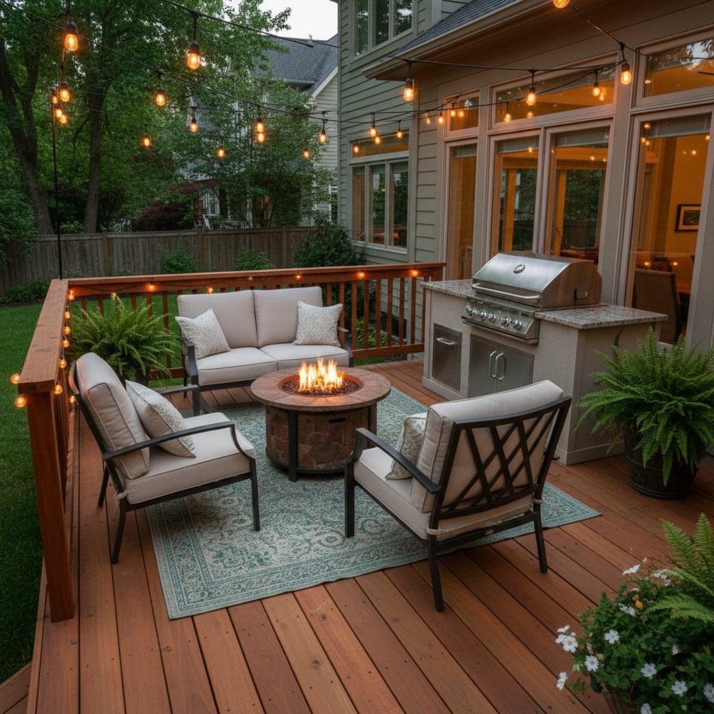 21 Backyard Deck Ideas For Any Size Space 5 Lounge chairs arranged around a stone fire pit on a wooden deck with string lights.