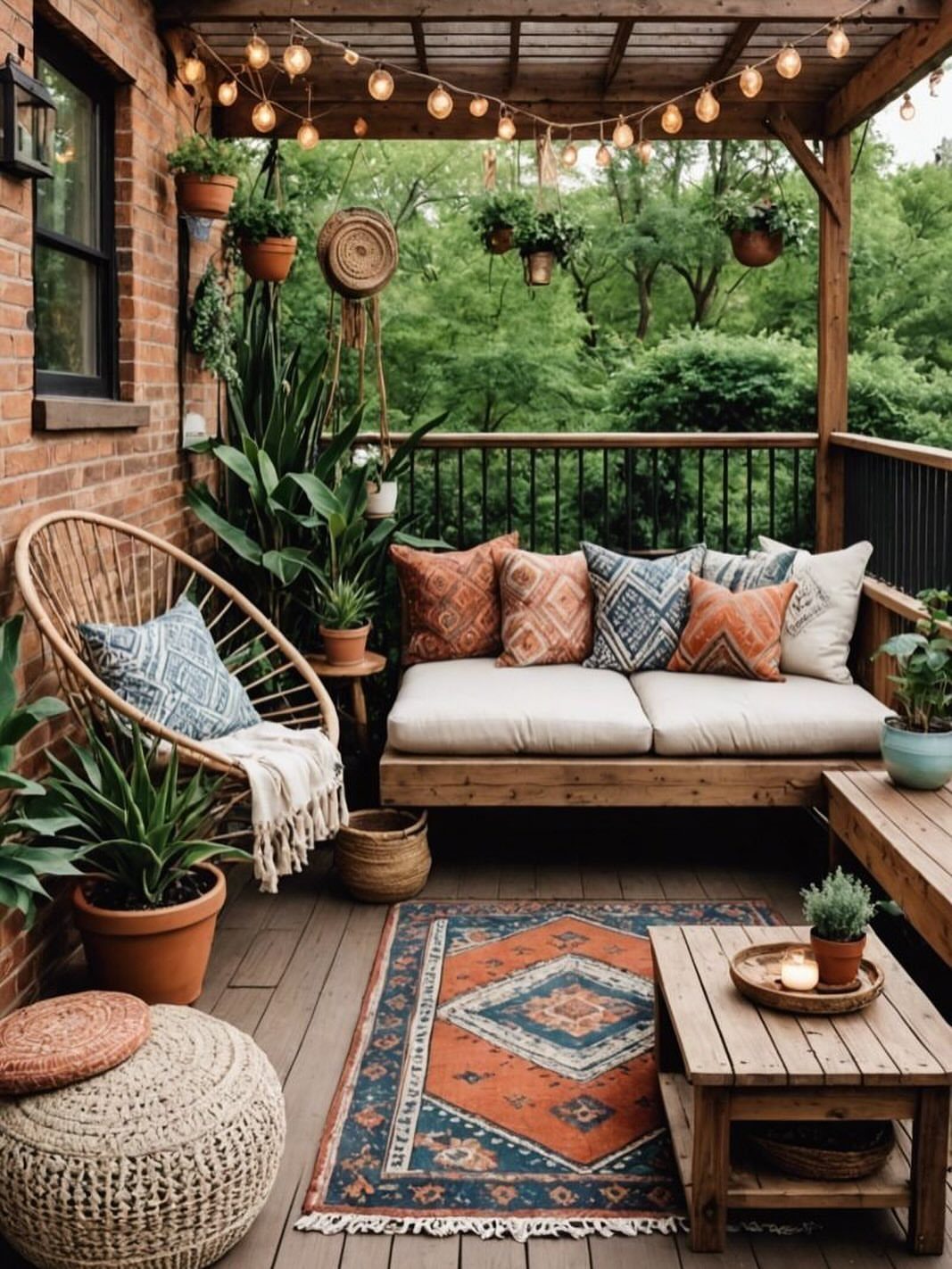 21 Backyard Deck Ideas For Any Size Space 19 Wooden deck with an orange patterned rug, wicker chair, and comfortable outdoor seating surrounded by plants.