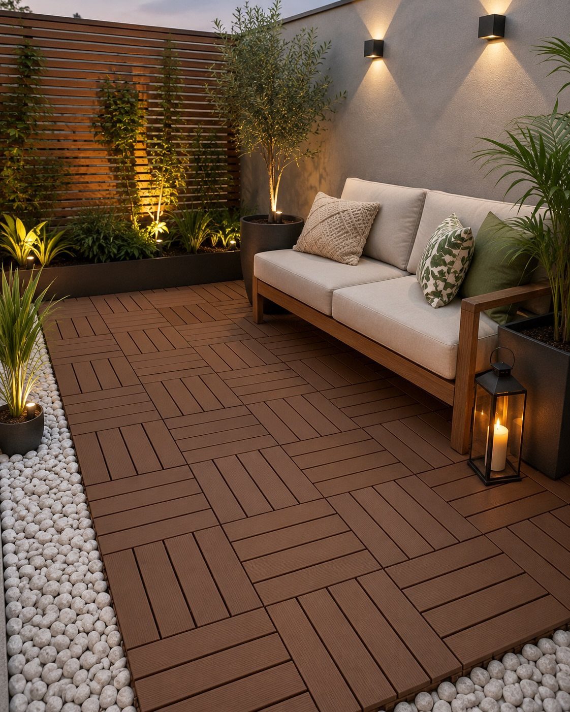 21 Backyard Deck Ideas For Any Size Space 15 Brown interlocking deck tiles arranged in a geometric pattern on a modern patio.