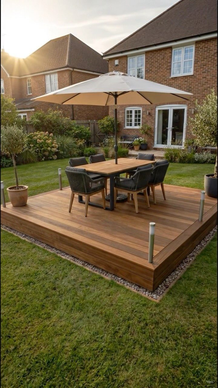 21 Backyard Deck Ideas For Any Size Space 16 Wooden floating deck with a dining set and large umbrella on a green lawn.