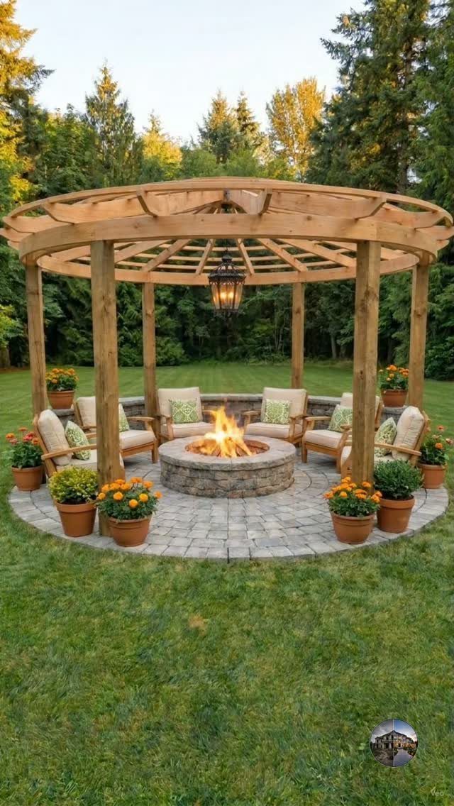 A stone fire pit with a burning fire sits under a wooden pergola on a paved patio.
