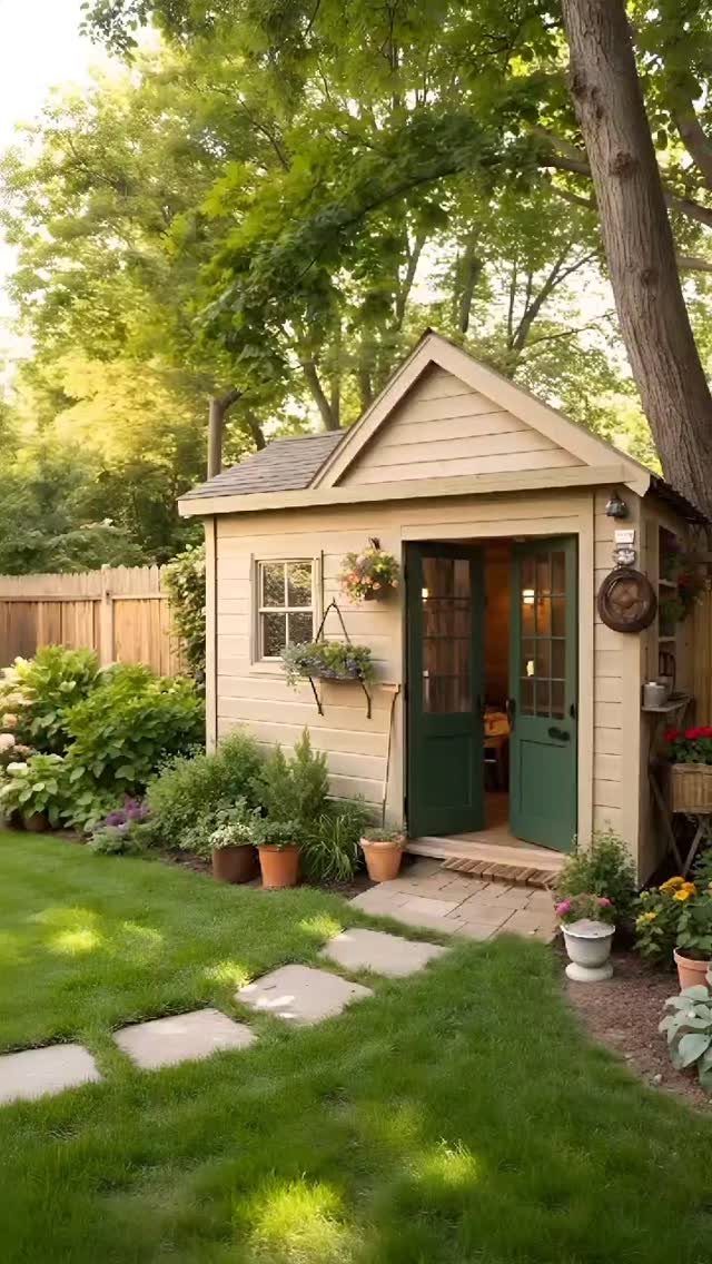 A tan wooden garden shed with green doors nestled among lush green plants and trees.