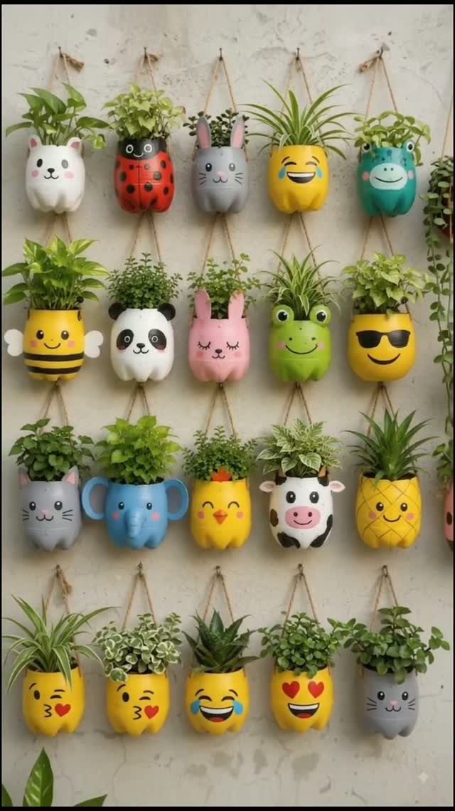 Hand-painted animal character planters hanging on a wall filled with various green plants.