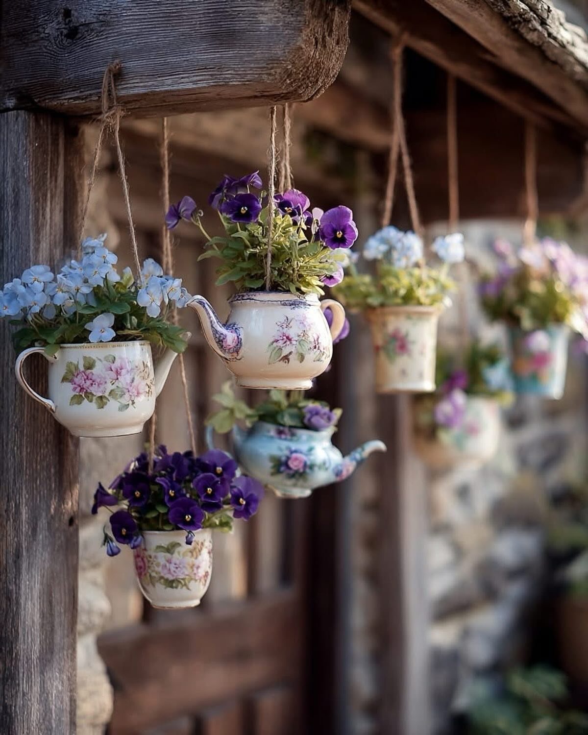 Vintage floral teapots and cups hanging from wood, filled with colorful blooming flowers.