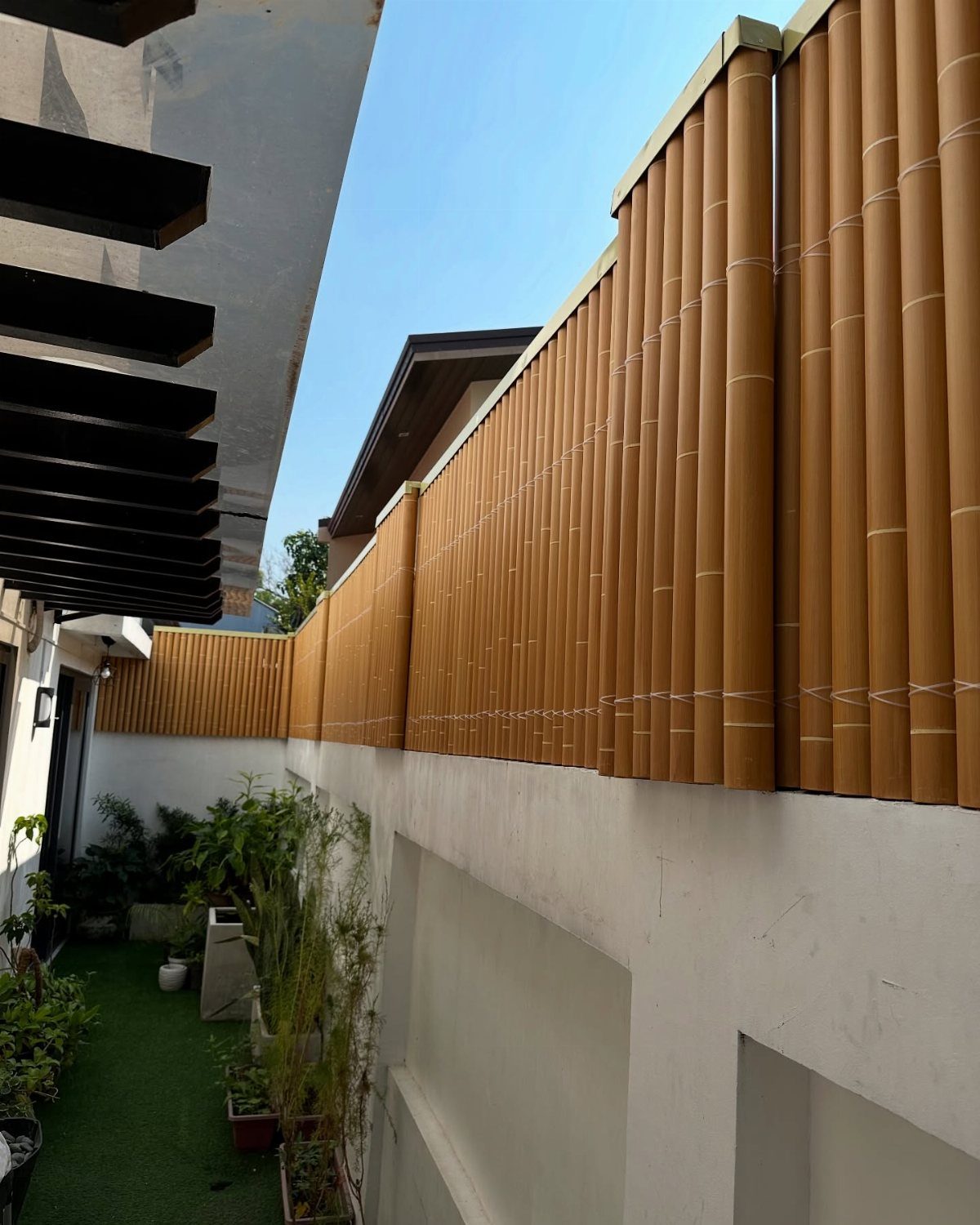 7 Backyard Fence Ideas for Privacy and Style 2 Vertical bamboo stalks installed on top of a white concrete wall in a small courtyard.