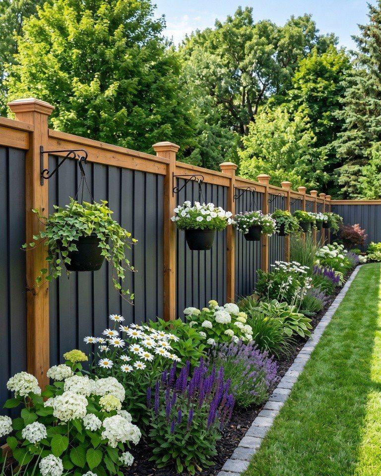 7 Backyard Fence Ideas for Privacy and Style 7 Dark grey vertical slat fence with wooden posts and hanging flower planters in a lush garden.