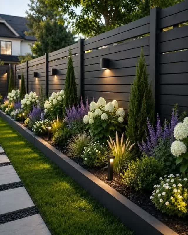 7 Backyard Fence Ideas for Privacy and Style 1 Dark horizontal slat fence lined with white hydrangeas and purple flowers in a landscaped garden.