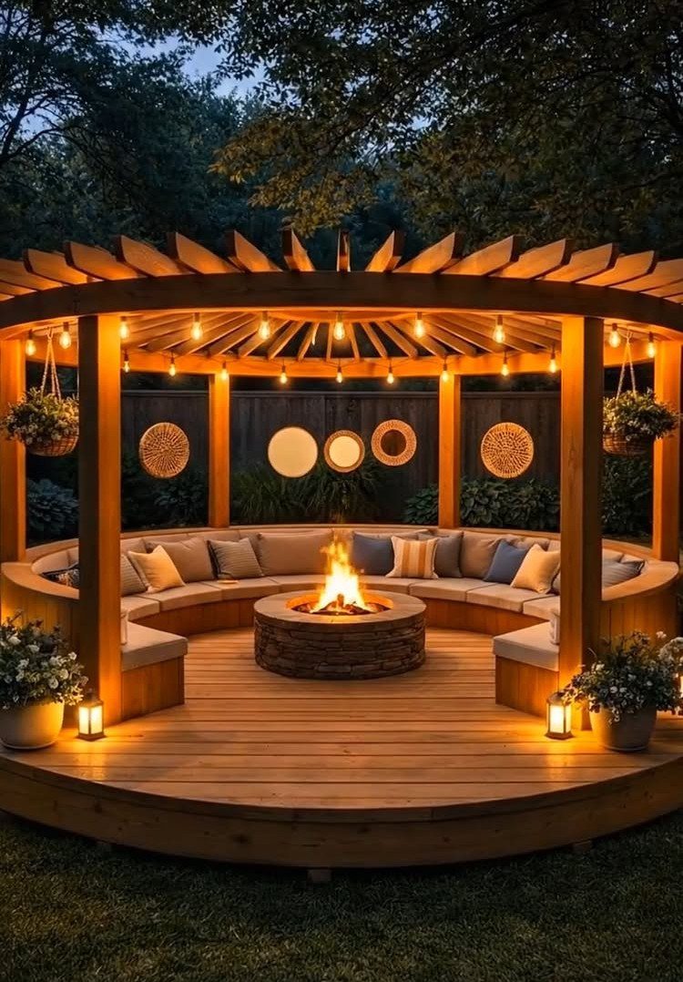 Circular wooden pergola with built-in seating and a central fire pit on a wooden deck.