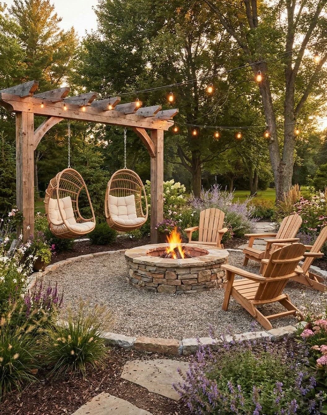 Stone fire pit with a burning flame surrounded by garden plants, gravel, and wooden seating.