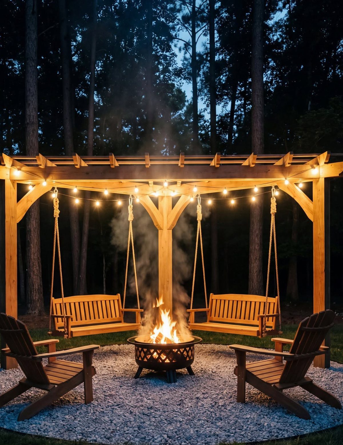 Wooden pergola with hanging swings, string lights, and a central fire pit on gravel.