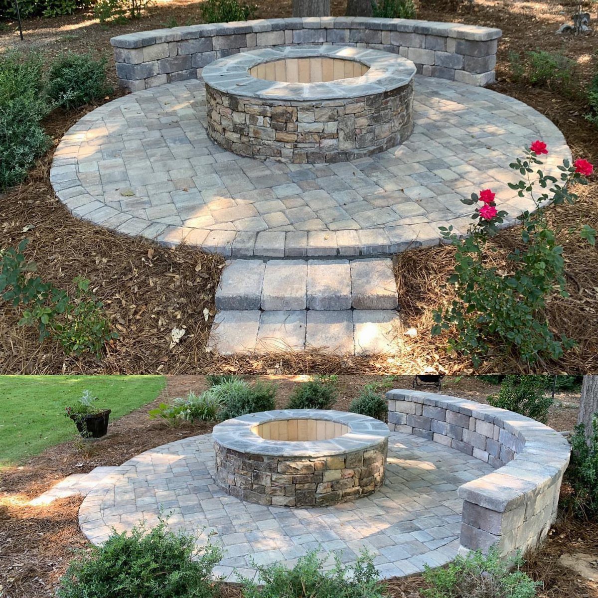 Stone fire pit centered on a circular paver patio with a curved retaining wall backdrop.