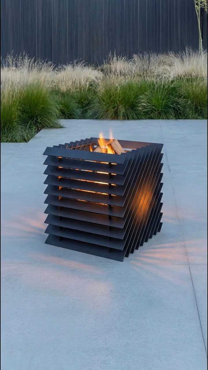 A black metal slatted fire pit burning with bright orange flames on a concrete patio.