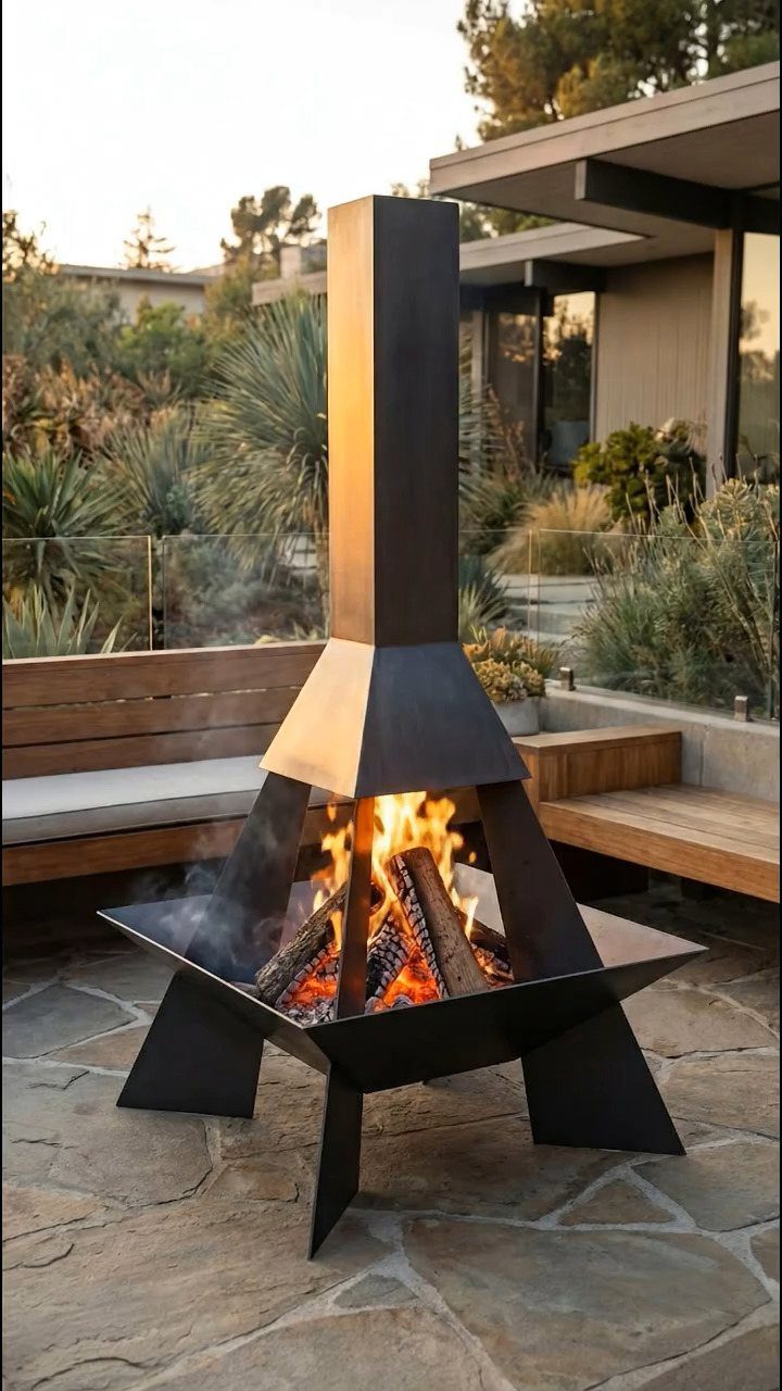 A modern black metal outdoor fireplace burning brightly on a stone patio with wooden seating.