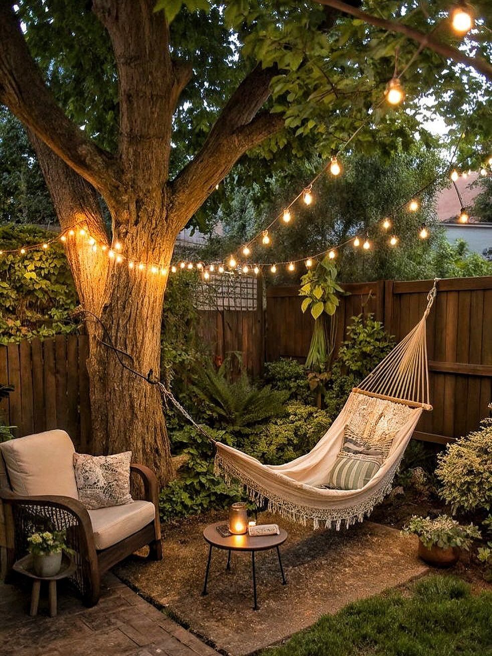 23 Backyard Garden Inspiration Ideas for Any Space 18 A cream macrame hammock hangs between a large tree and a fence in a lit garden.