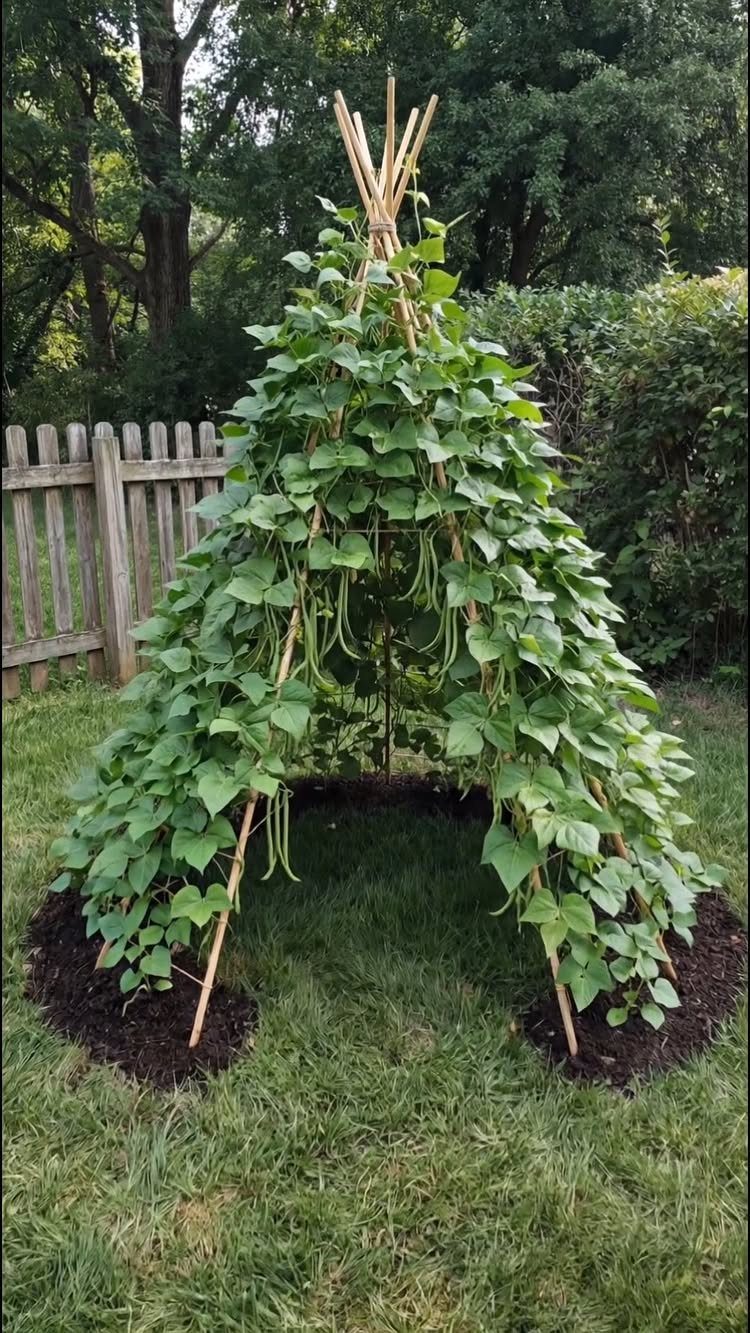 23 Backyard Garden Inspiration Ideas for Any Space 21 Green bean plants climbing up a tall wooden teepee structure in a grassy backyard garden.