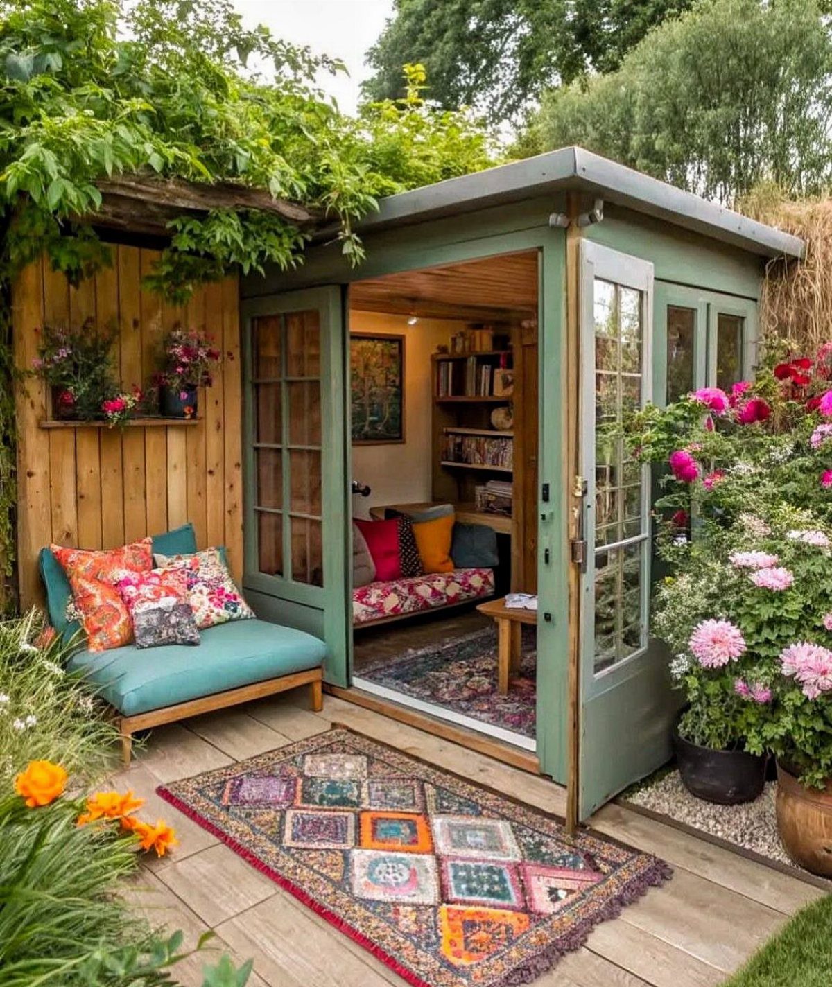 23 Backyard Garden Inspiration Ideas for Any Space 23 A green garden studio with an open door revealing a cozy reading nook with books and pillows.
