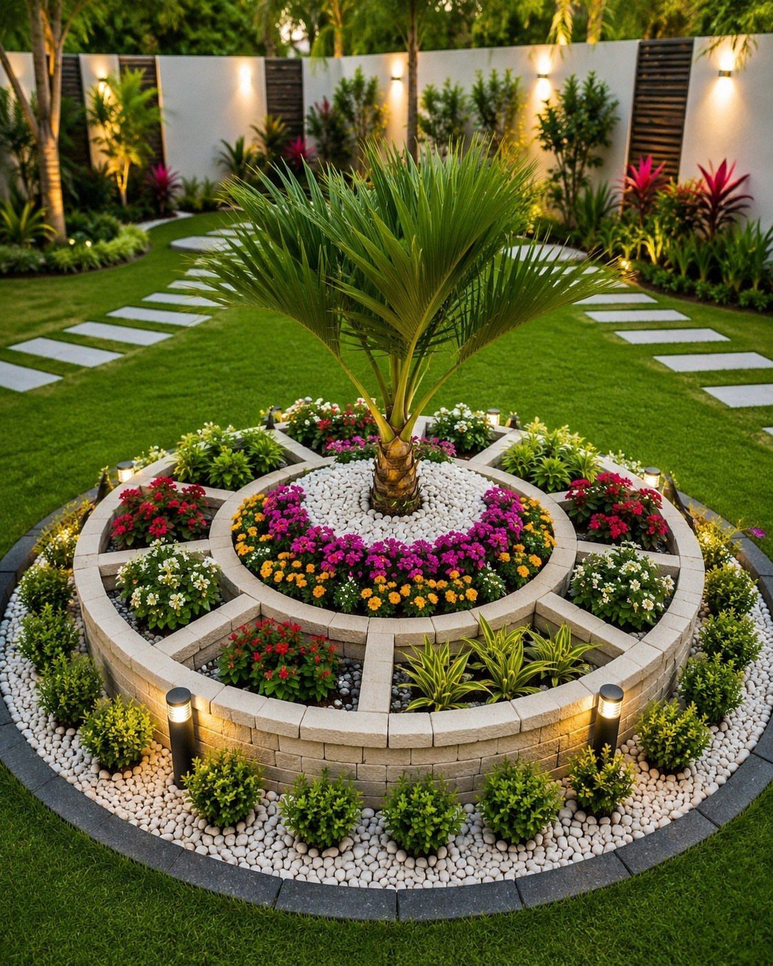 23 Backyard Garden Inspiration Ideas for Any Space 16 A circular tiered stone garden bed with a palm tree and colorful flowers in a lawn.