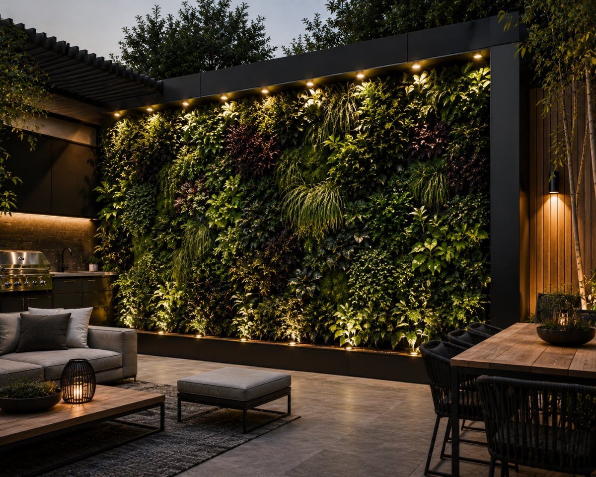 23 Backyard Garden Inspiration Ideas for Any Space 8 A large vertical garden wall with lush green plants illuminated by warm spotlights in a modern patio.