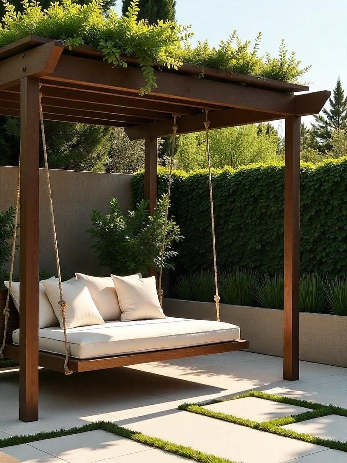 23 Backyard Garden Inspiration Ideas for Any Space 22 A wooden swing bed with white cushions hanging from a pergola in a garden.