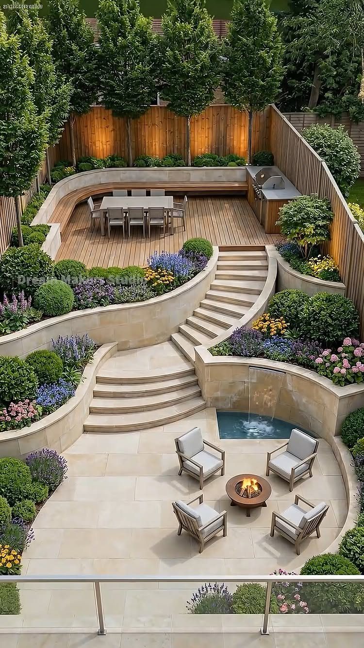 23 Backyard Garden Inspiration Ideas for Any Space 7 Multi-level backyard garden with stone stairs, wooden dining deck, and a lower patio with a firepit.