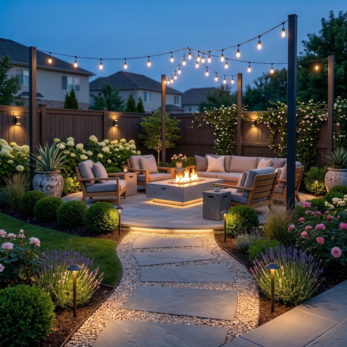 23 Backyard Garden Inspiration Ideas for Any Space 2 String lights hang over a modern backyard patio with a firepit and lounge seating.