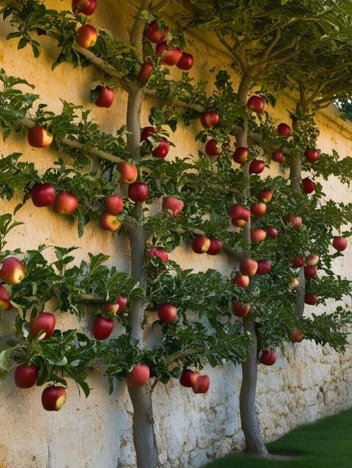 23 Backyard Garden Inspiration Ideas for Any Space 17 Two trained apple trees with many red fruits growing against a stone wall.