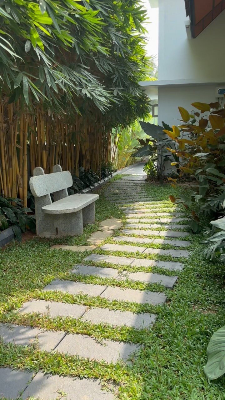 23 Backyard Garden Inspiration Ideas for Any Space 19 Stone bench and stepping stone path winding through a lush tropical garden with bamboo.