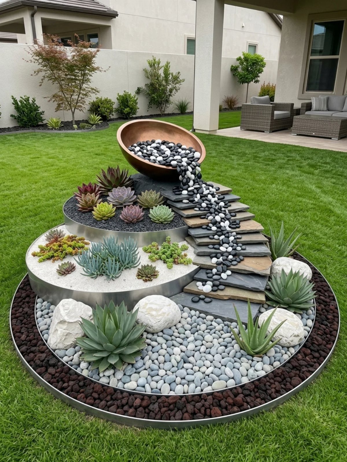 A multi-tiered circular rock garden with succulents, pebbles, and a copper bowl spilling stones.