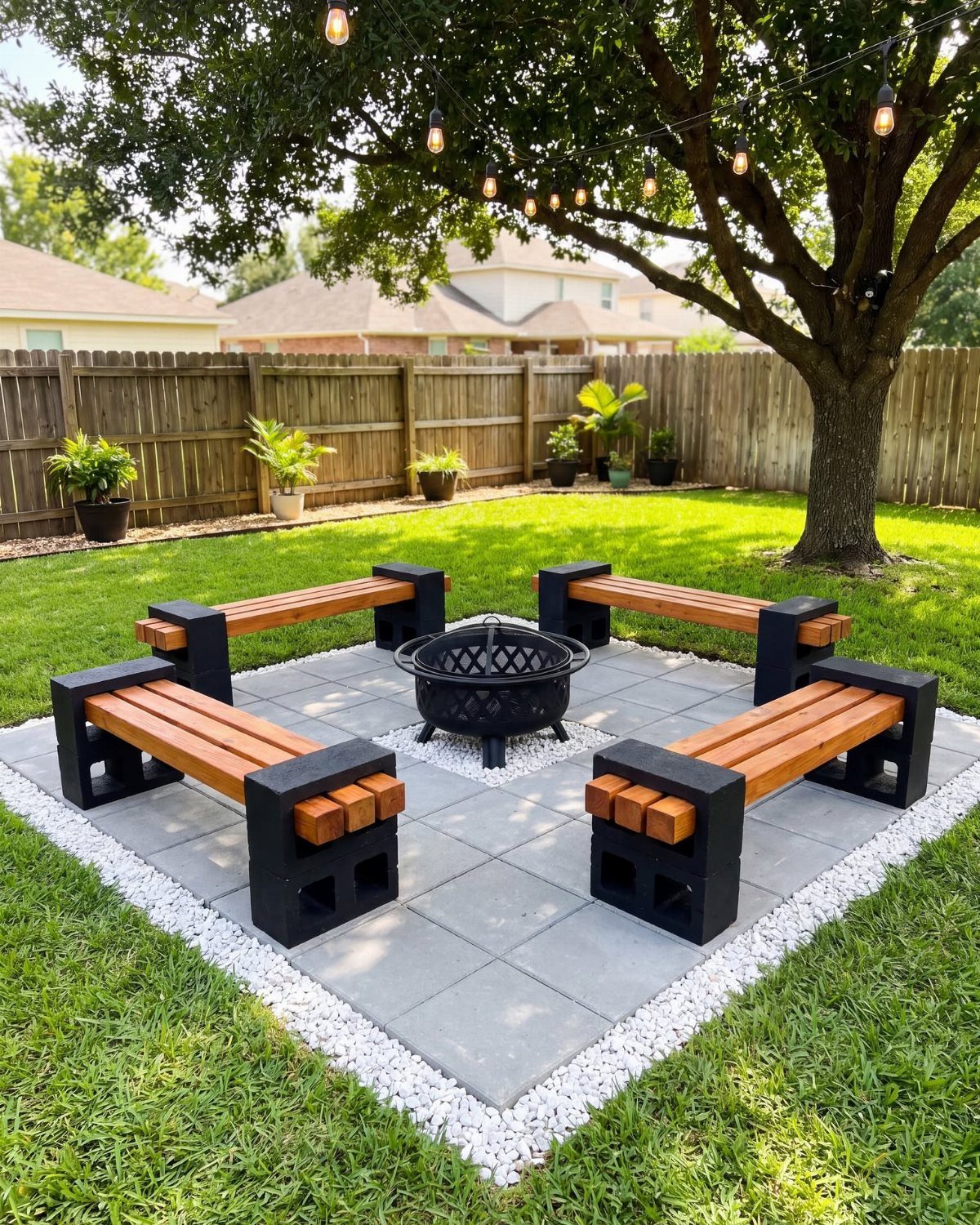 Four wooden benches arranged around a black metal fire pit on a stone patio.