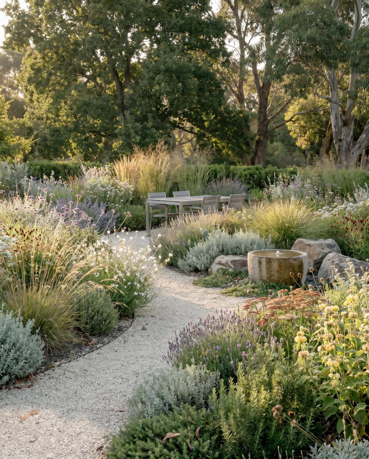 A winding gravel path curves through a lush garden filled with various green shrubs and ornamental grasses.