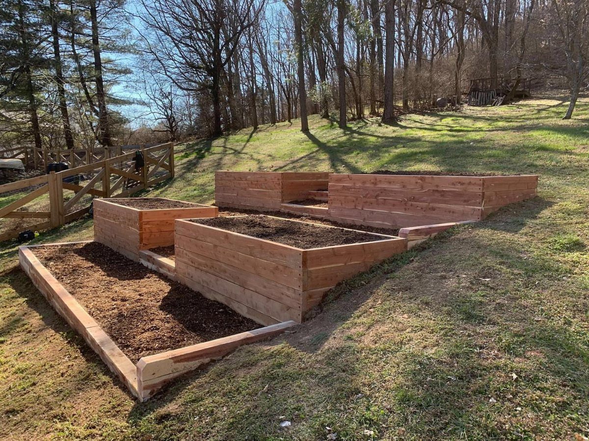 Wooden raised garden beds filled with dark soil sit on a grassy slope in a backyard.