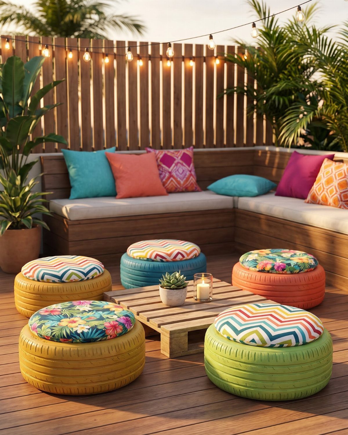 9 Backyard Patio Ideas with Fire Pits, Shade Sails & Retractable Awnings 2 Built-in wooden corner bench with colorful cushions and tire-shaped ottomans on a wooden deck.