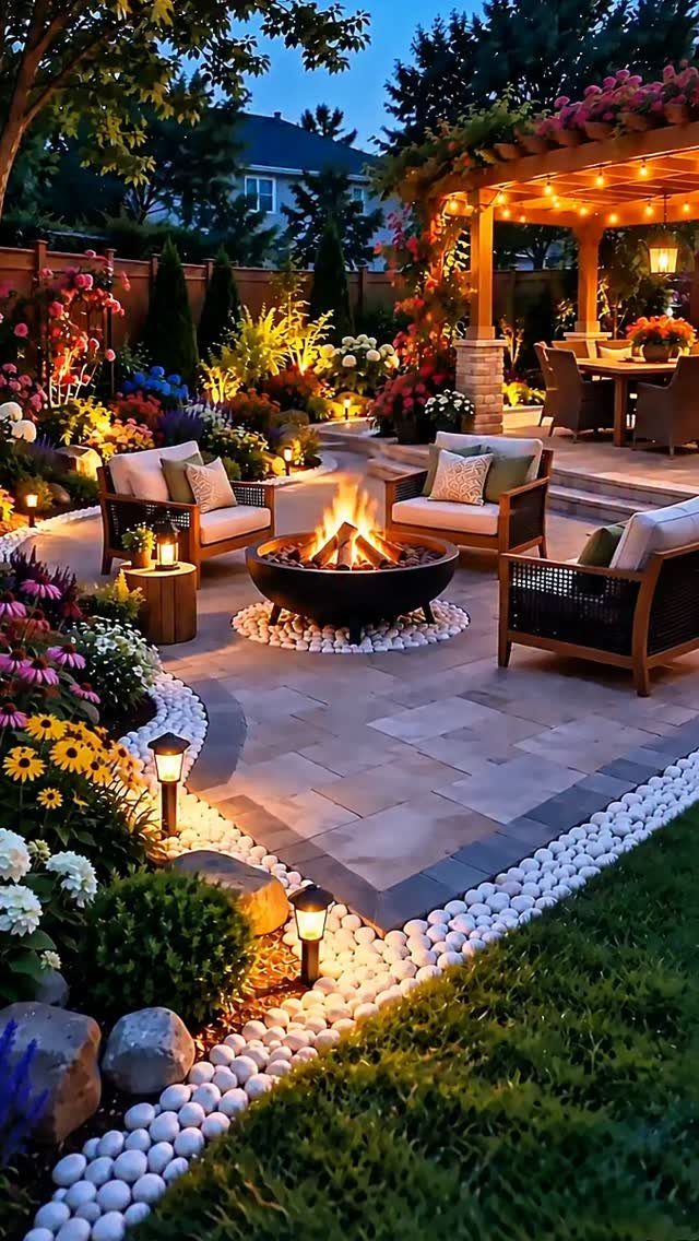 9 Backyard Patio Ideas with Fire Pits, Shade Sails & Retractable Awnings 3 A burning fire pit sits on a stone patio surrounded by lounge chairs and garden flowers.