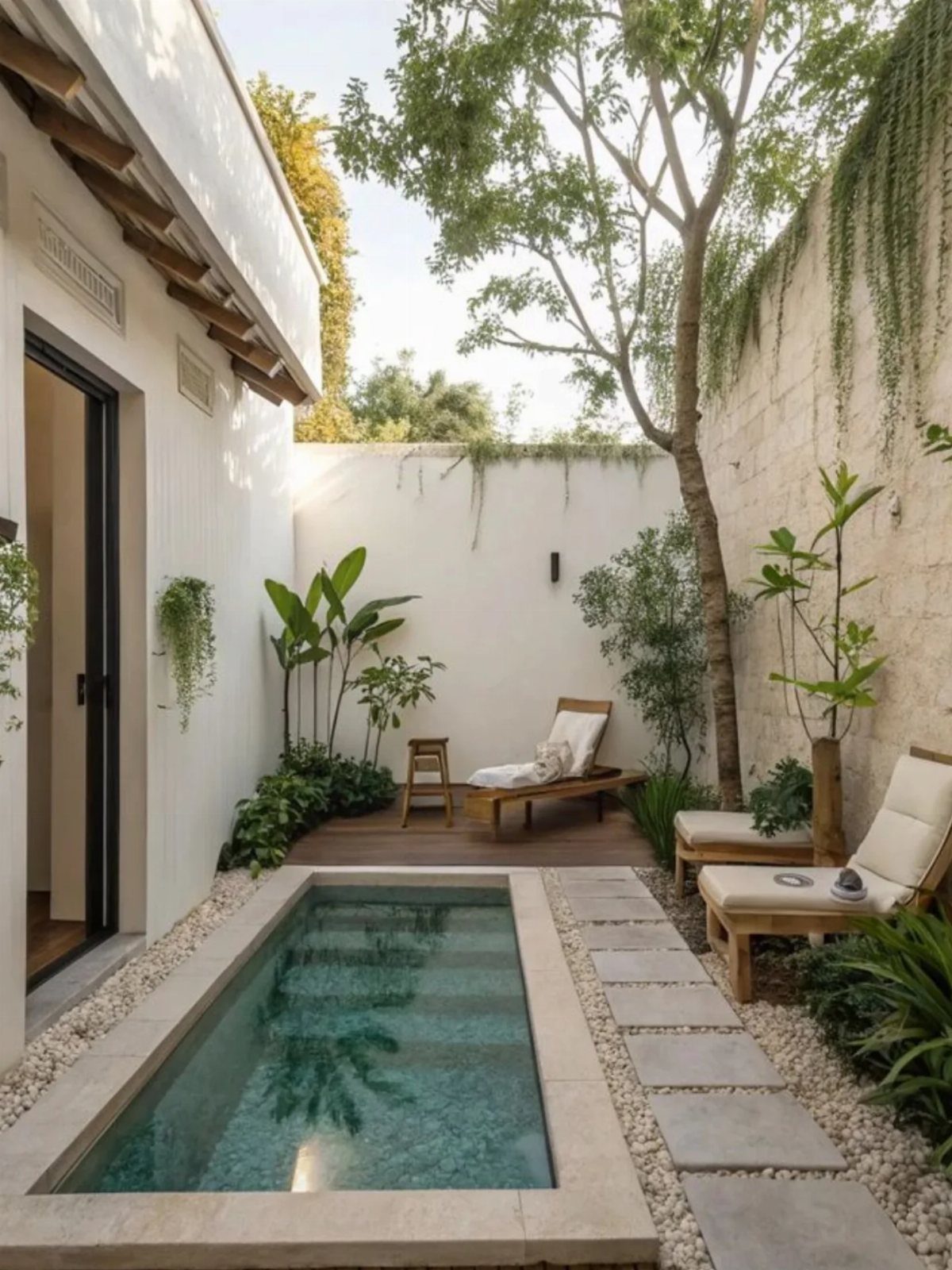 9 Backyard Patio Ideas with Fire Pits, Shade Sails & Retractable Awnings 6 Wooden lounge chairs and a small pool in a minimalist courtyard with lush greenery.