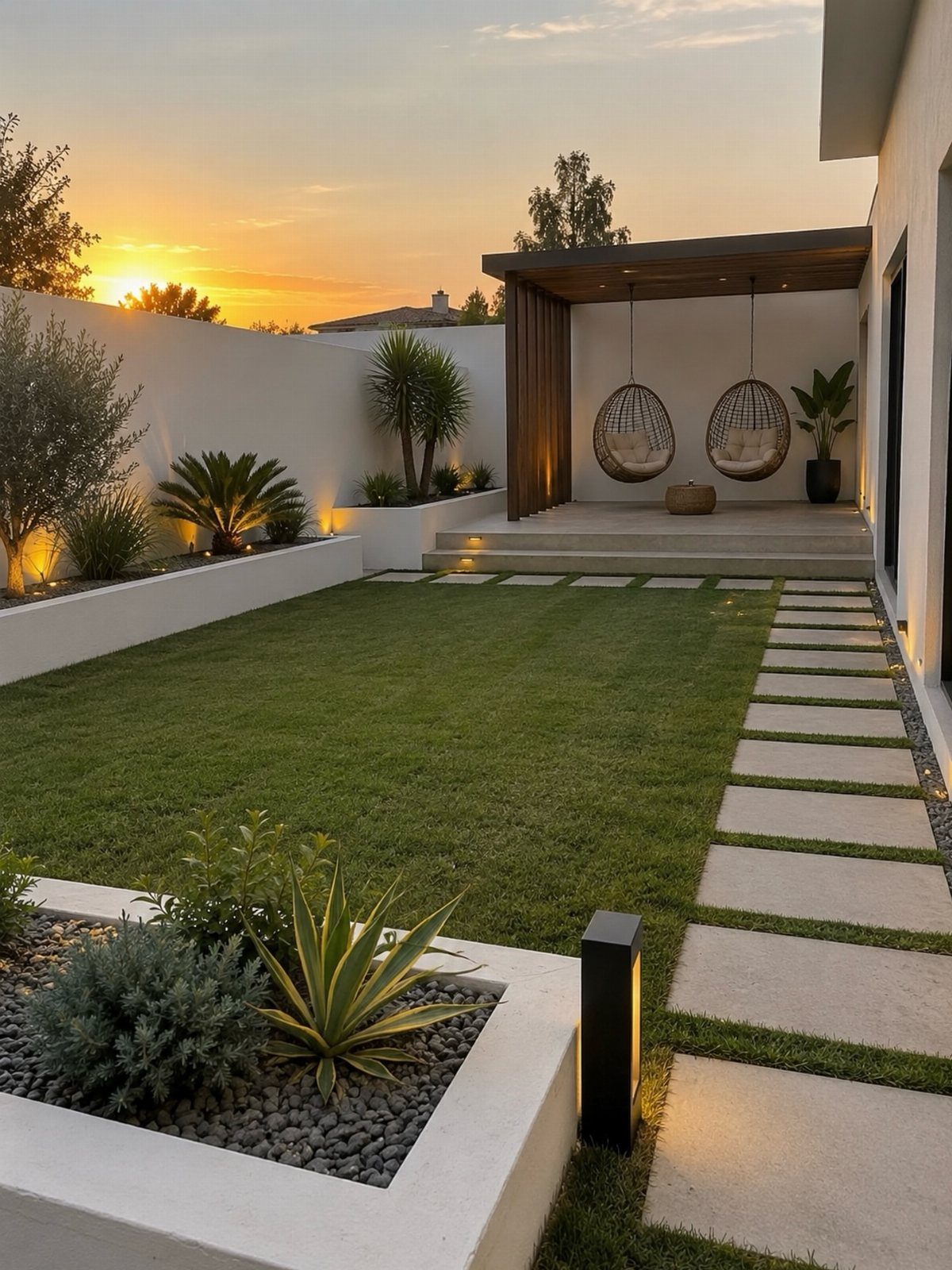 9 Backyard Patio Ideas with Fire Pits, Shade Sails & Retractable Awnings 1 Modern backyard landscape with lawn, stone pavers, and hanging egg chairs under a wooden pergola at sunset.