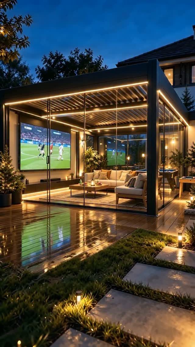 Modern dark metal pergola with LED lighting enclosing a luxury outdoor lounge and television area.