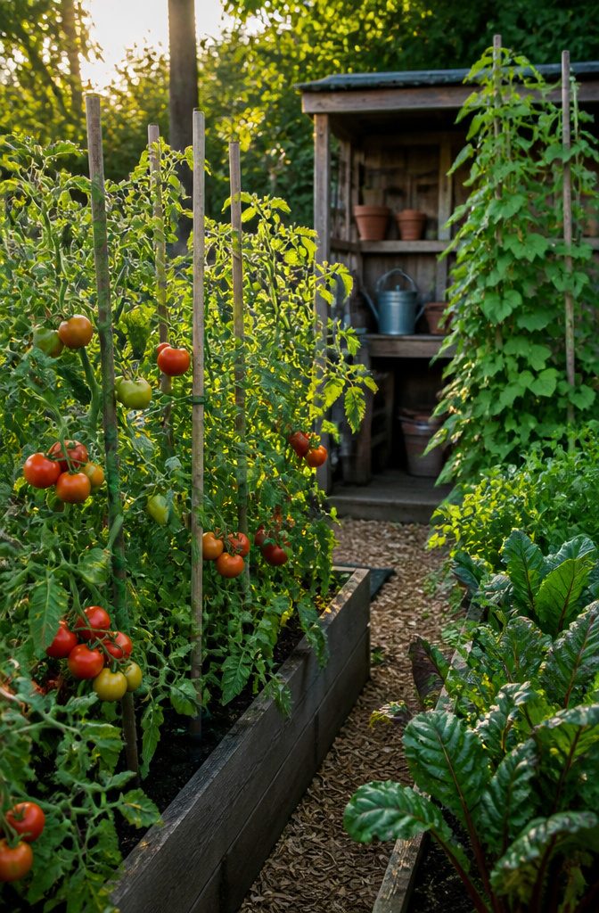 Lush tomato plants with ripe fruits and bean plants on a trellis.