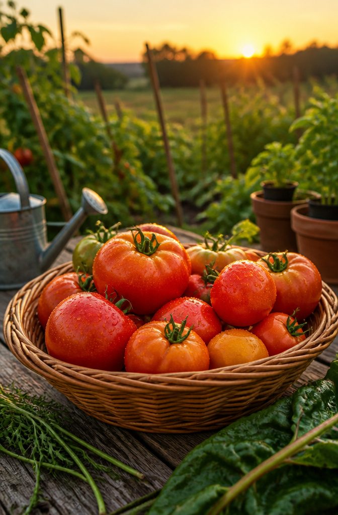 Ripe tomatoes being gently pressed to check for readiness.