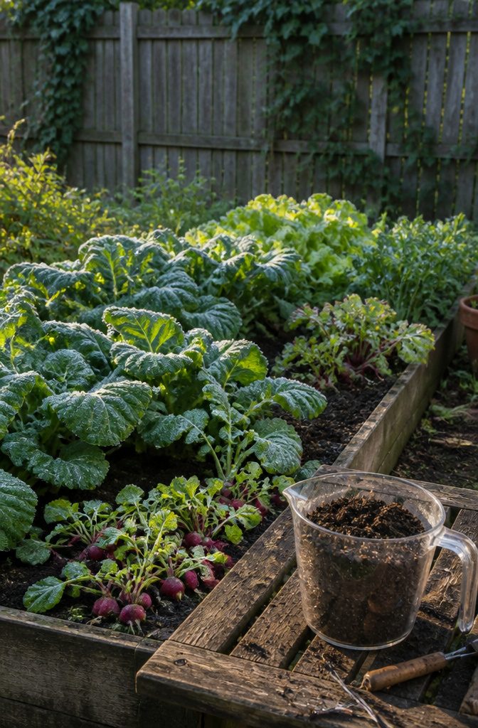 A garden bed filled with leafy greens and tops of radishes visible.